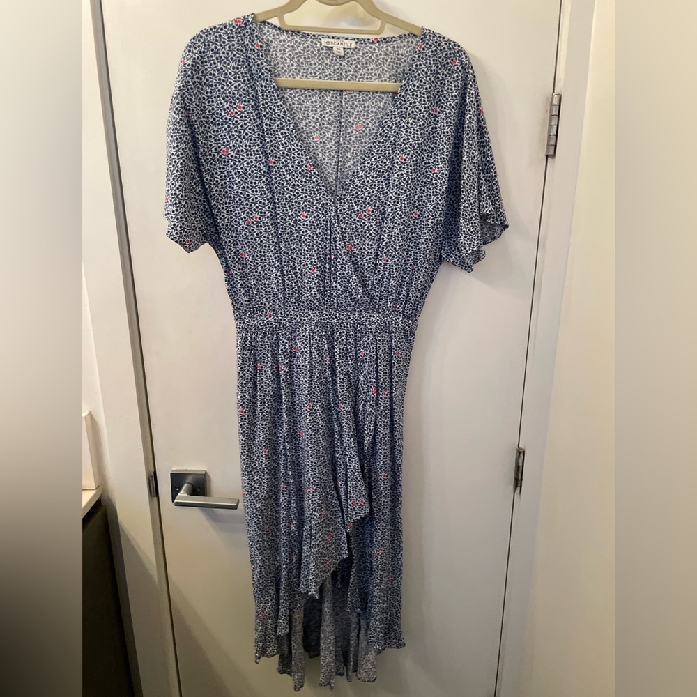 J.Crew Mercantile Blue Floral Ruffle Hem Faux Wrap High-Low Dress Size XS